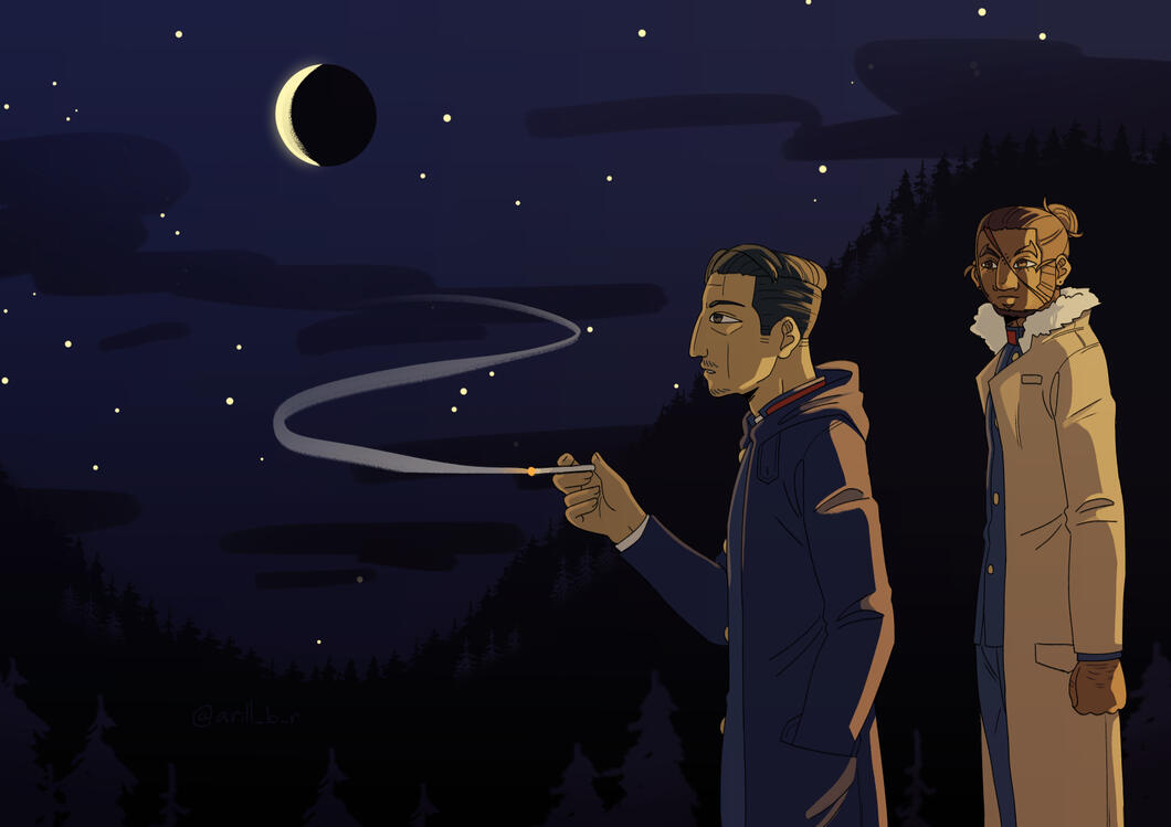 Digital drawing of Kikuta and Ipopte from Golden Kamuy. They're standing outside, with nightime mountains in the background. Kikuta is smoking, looking at the waning crescent moon in the sky, while Ipopte is looking at him. A warm light hits them both from