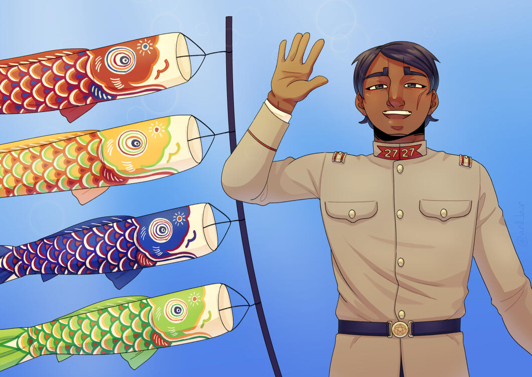 Digital drawing showing Koito from Golden Kamuy in a halfbody shot with carp streamers in the background, left of him. He's waving at the viewer and sporting a warm smile and he's seen with the scar he gets at the end of the manga. The carp streamers are l