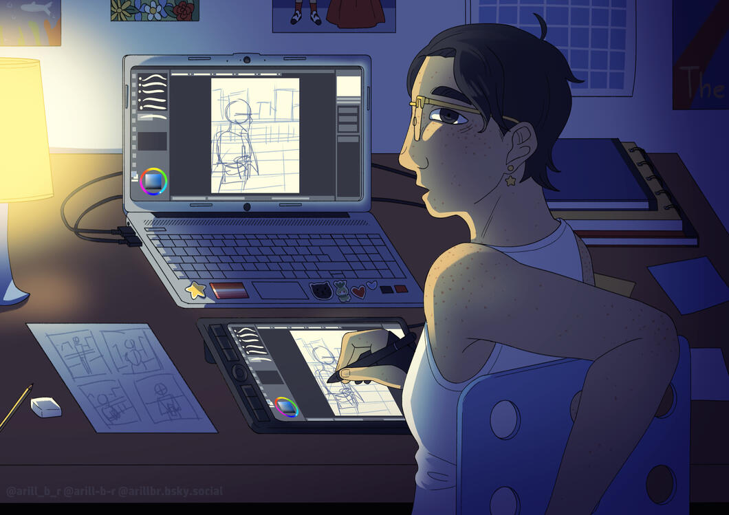 Digital illustration of my OC Hwan. She's a young person with light skin and short black hair, wearing glasses and a white tanktop. She's sitting in a desk, sketching on her laptop with a drawing tablet connected to it. The room she's in is dark, but it's